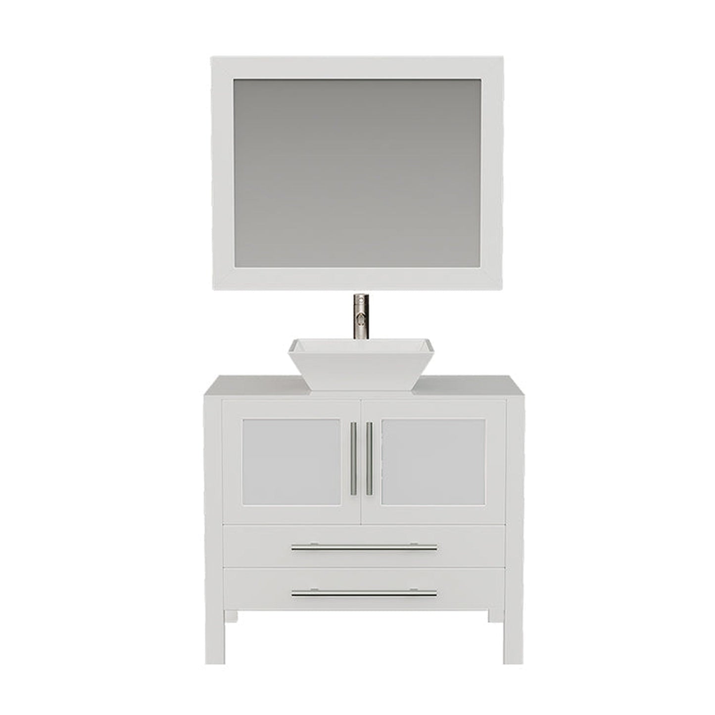 Cambridge Plumbing 36" White Wood Single Vanity Set With Porcelain Countertop And Square Vessel Sink With Brushed Nickel Plumbing Finish