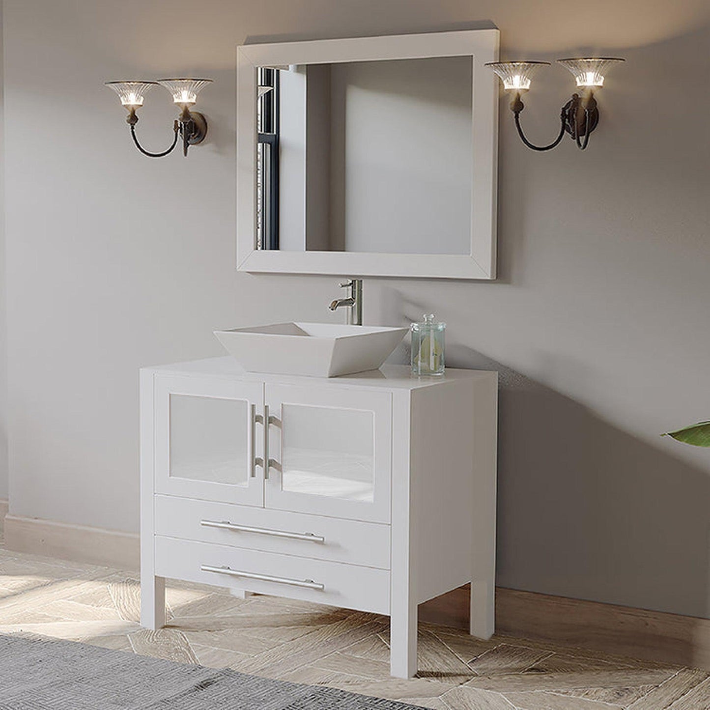 Cambridge Plumbing 36" White Wood Single Vanity Set With Porcelain Countertop And Square Vessel Sink With Polished Chrome Plumbing Finish