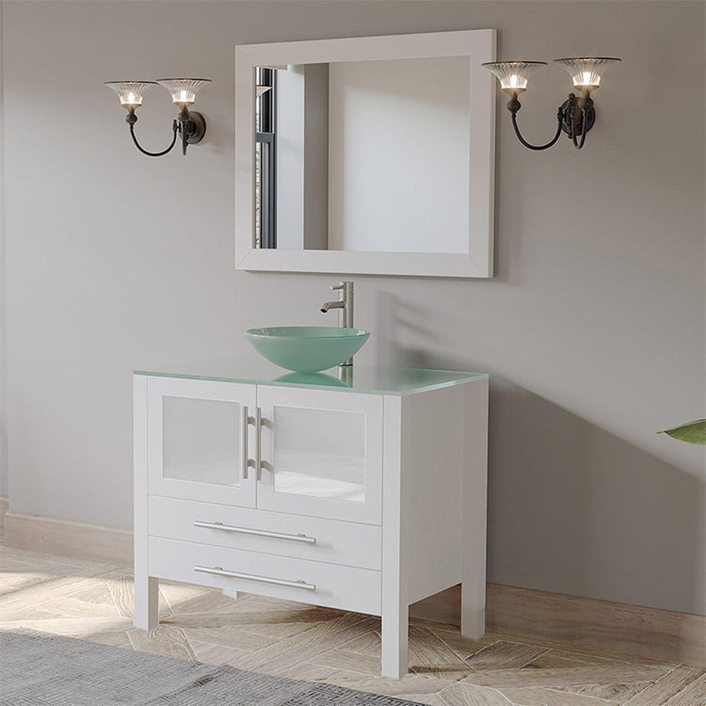 Cambridge Plumbing 36" White Wood Single Vanity Set With Tempered Glass Countertop And Circular Vessel Sink With Brushed Nickel Plumbing Finish