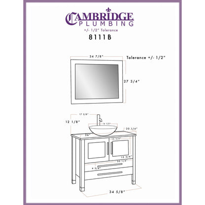 Cambridge Plumbing 36" White Wood Single Vanity Set With Tempered Glass Countertop And Circular Vessel Sink With Brushed Nickel Plumbing Finish