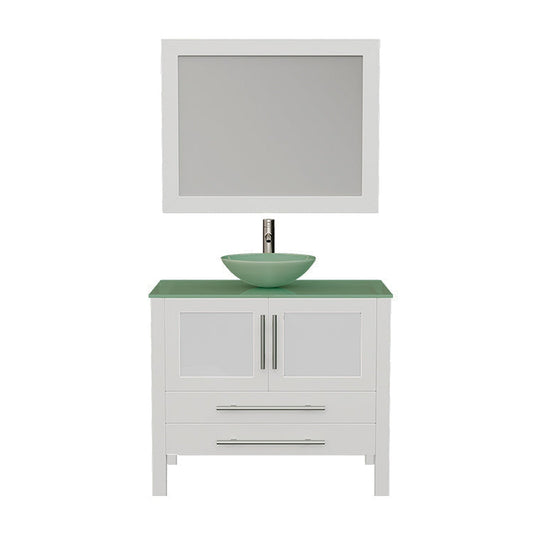 Cambridge Plumbing 36" White Wood Single Vanity Set With Tempered Glass Countertop And Circular Vessel Sink With Brushed Nickel Plumbing Finish