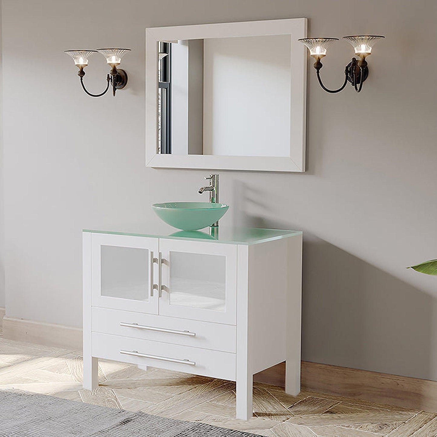 Cambridge Plumbing 36" White Wood Single Vanity Set With Tempered Glass Countertop And Circular Vessel Sink With Polished Chrome Plumbing Finish