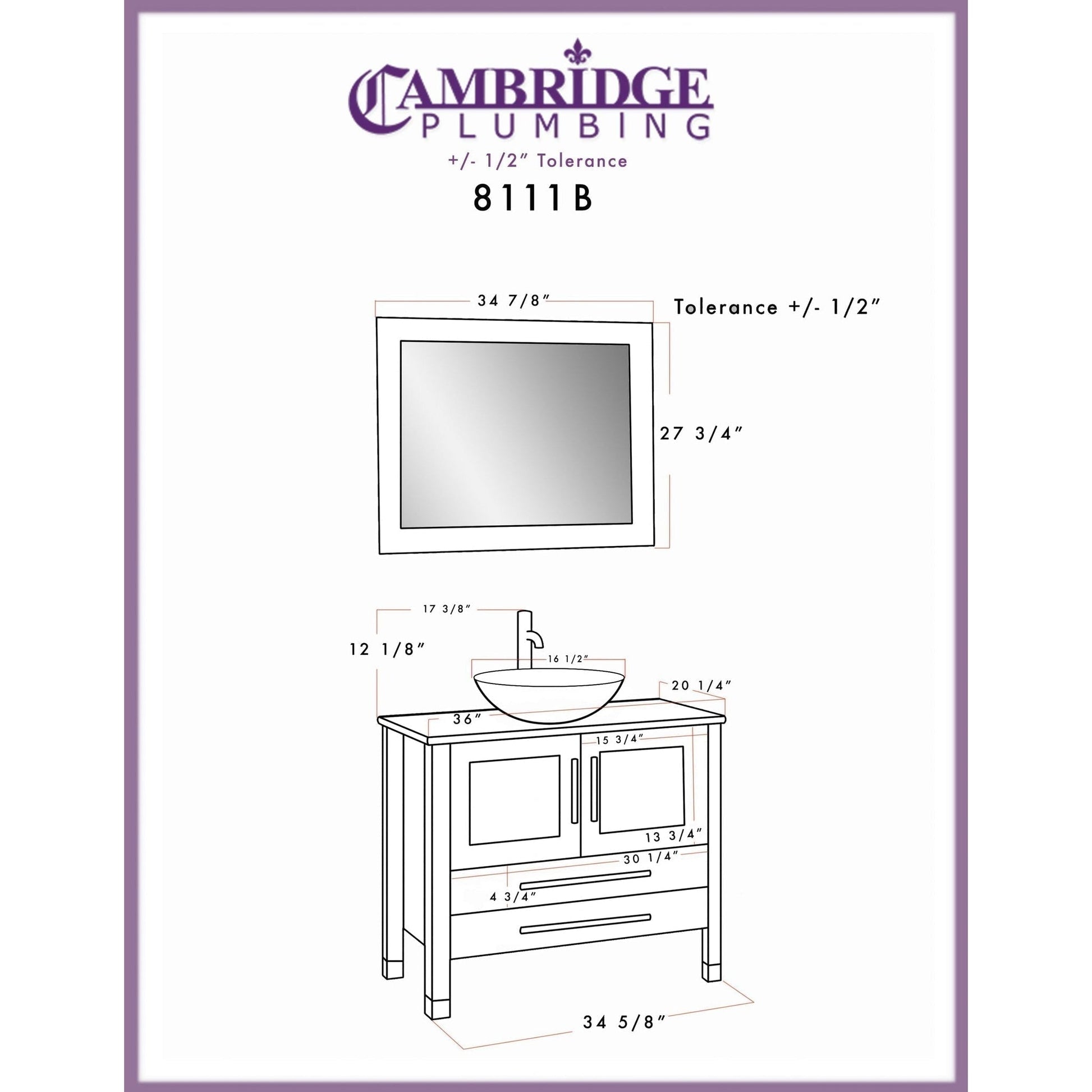 Cambridge Plumbing 36" White Wood Single Vanity Set With Tempered Glass Countertop And Circular Vessel Sink With Polished Chrome Plumbing Finish
