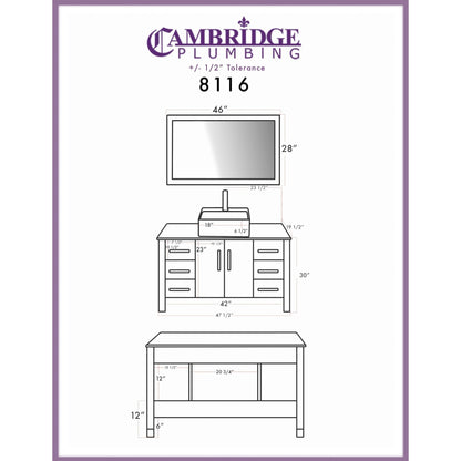 Cambridge Plumbing 48" Black Espresso Wood Single Vanity Set With Porcelain Square Vessel Sink With Faucet Hole And Polished Chrome Plumbing Finish