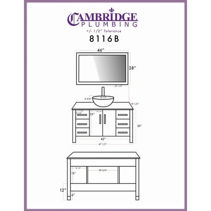 Cambridge Plumbing 48" Black Espresso Wood Single Vanity Set With Tempered Glass Countertop And Circular Vessel Sink With Brushed Nickel Plumbing Finish