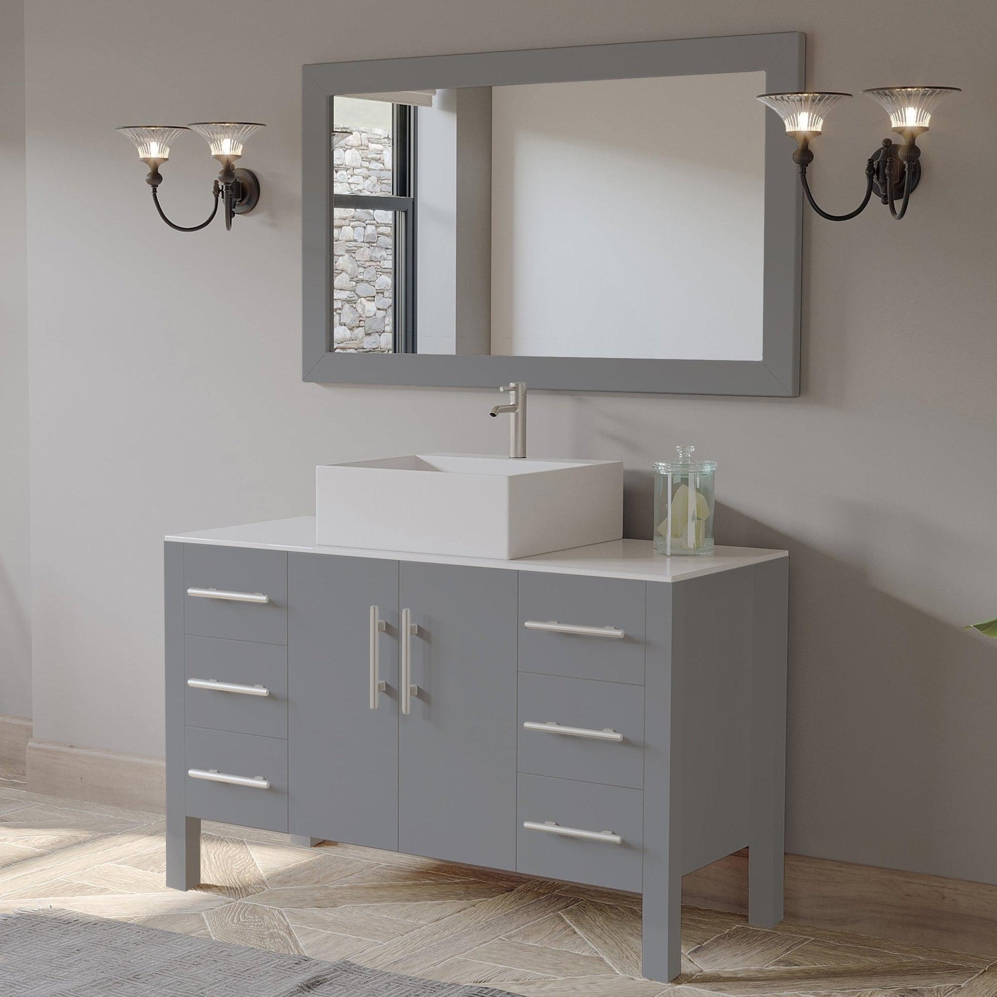 Cambridge Plumbing 48" Gray Wood Single Vanity Set With Porcelain Countertop And Square Vessel Sink With Faucet Hole And Brushed Nickel Plumbing Finish