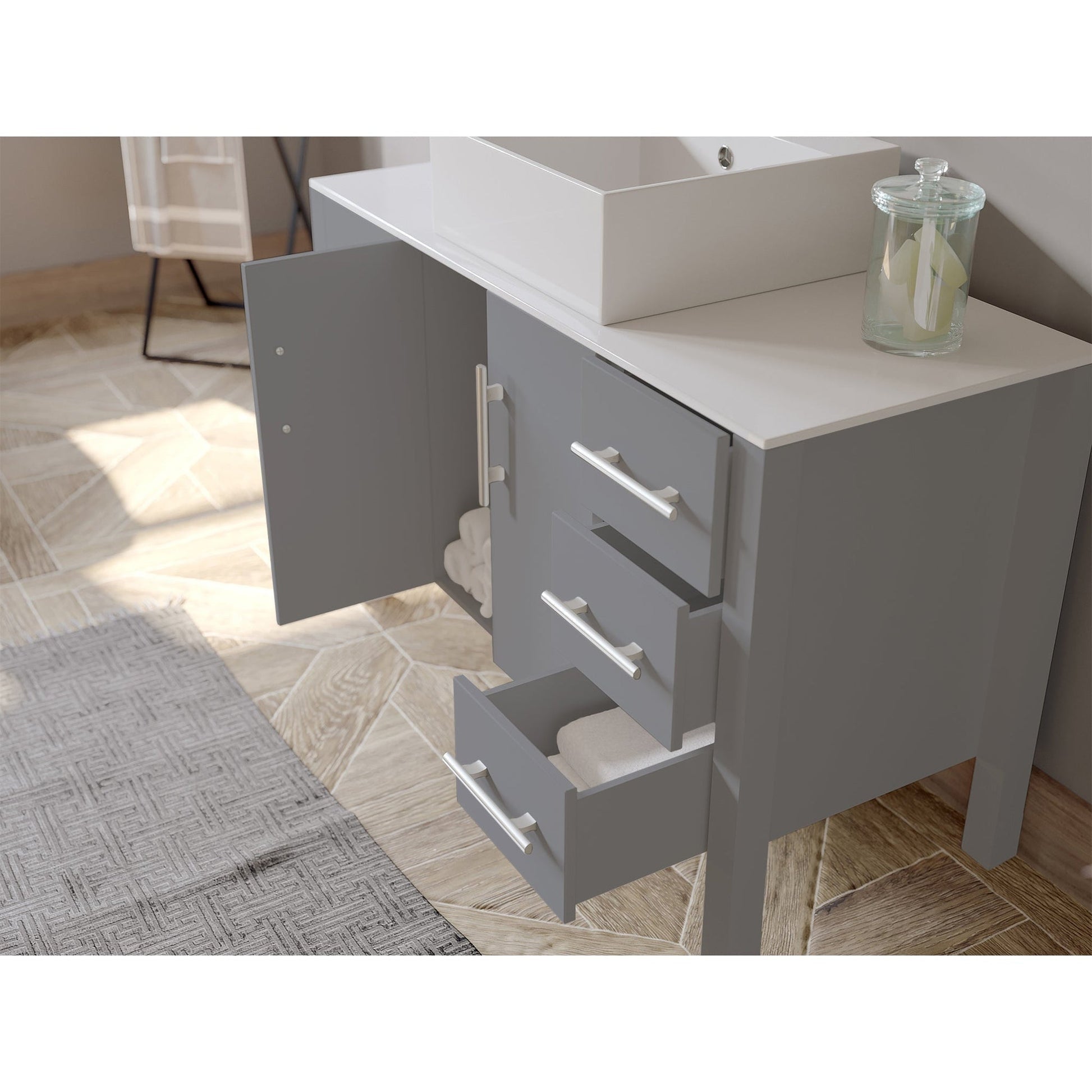 Cambridge Plumbing 48" Gray Wood Single Vanity Set With Porcelain Countertop And Square Vessel Sink With Faucet Hole And Brushed Nickel Plumbing Finish