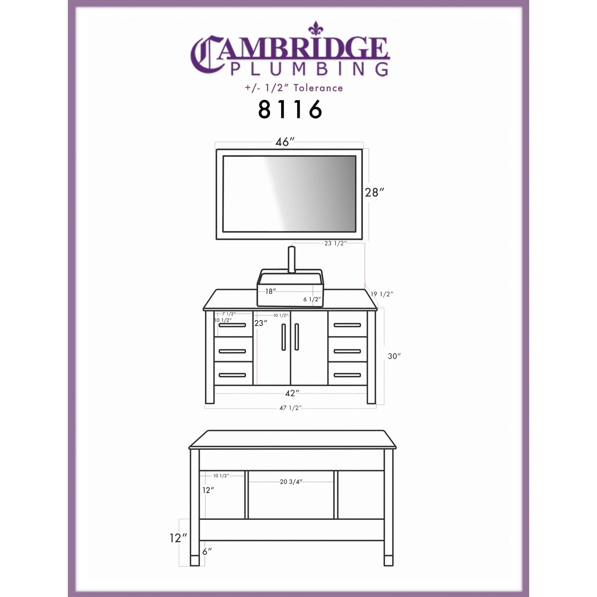 Cambridge Plumbing 48" Gray Wood Single Vanity Set With Porcelain Countertop And Square Vessel Sink With Faucet Hole And Brushed Nickel Plumbing Finish