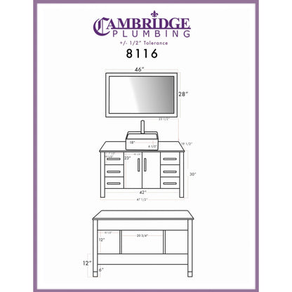 Cambridge Plumbing 48" Gray Wood Single Vanity Set With Porcelain Countertop And Square Vessel Sink With Faucet Hole And Brushed Nickel Plumbing Finish