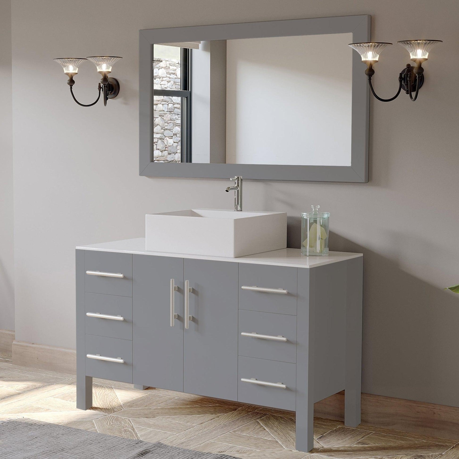 Cambridge Plumbing 48" Gray Wood Single Vanity Set With Porcelain Countertop And Square Vessel Sink With Faucet Hole And Polished Chrome Plumbing Finish