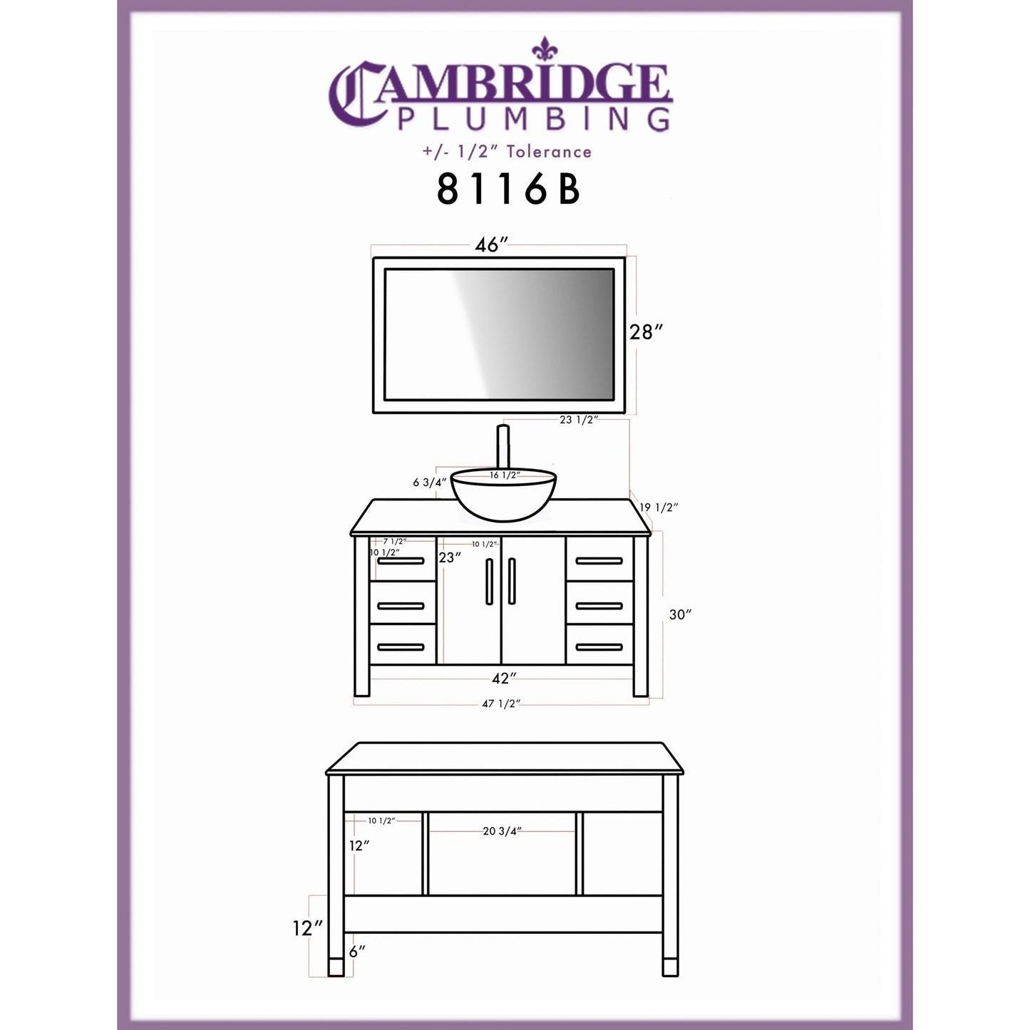 Cambridge Plumbing 48" Gray Wood Single Vanity Set With Tempered Glass Countertop And Circular Vessel Sink With Brushed Nickel Plumbing Finish