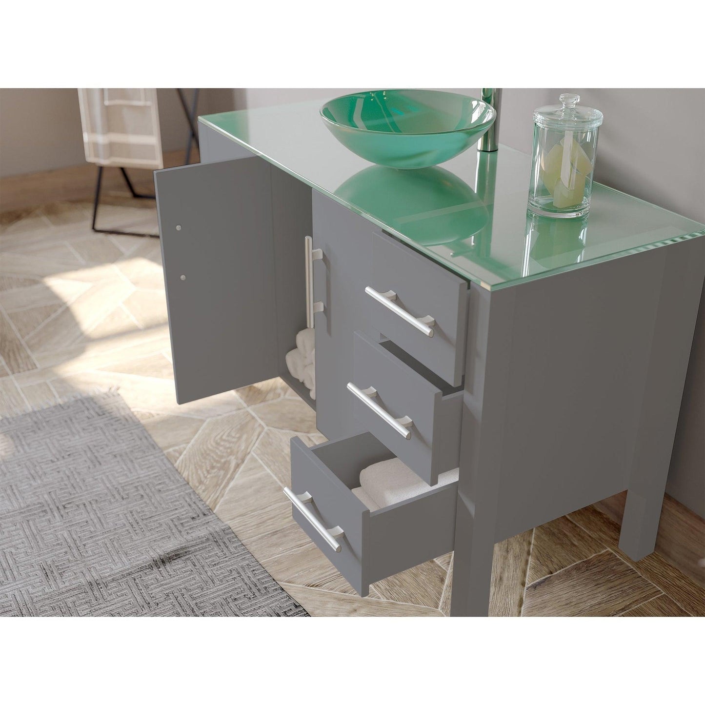 Cambridge Plumbing 48" Gray Wood Single Vanity Set With Tempered Glass Countertop And Circular Vessel Sink With Polished Chrome Plumbing Finish