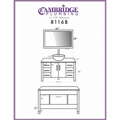 Cambridge Plumbing 48" Gray Wood Single Vanity Set With Tempered Glass Countertop And Circular Vessel Sink With Polished Chrome Plumbing Finish