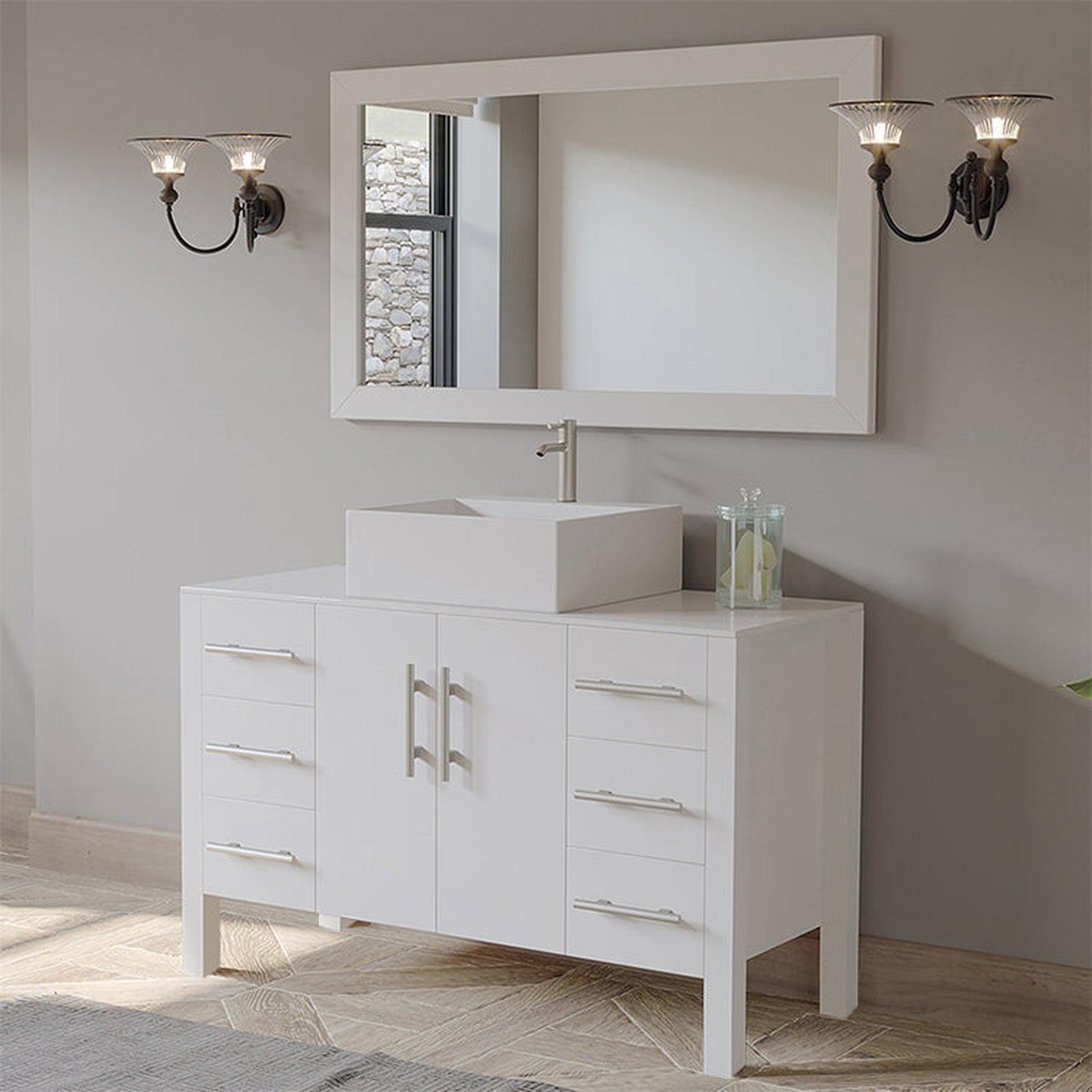Cambridge Plumbing 48" White Wood Single Vanity Set With Porcelain Countertop And Square Vessel Sink With Faucet Hole And Brushed Nickel Plumbing Finish