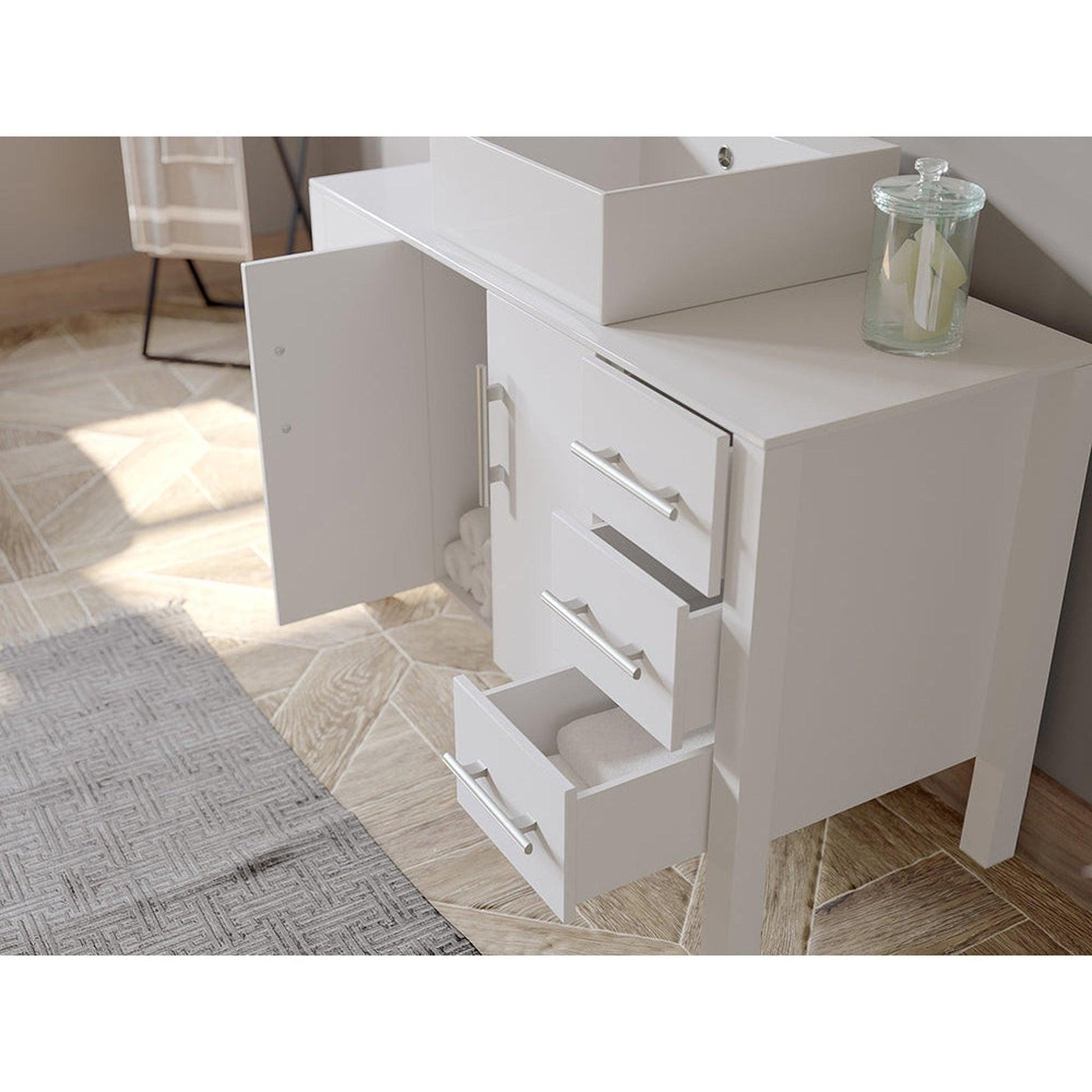 Cambridge Plumbing 48" White Wood Single Vanity Set With Porcelain Countertop And Square Vessel Sink With Faucet Hole And Brushed Nickel Plumbing Finish