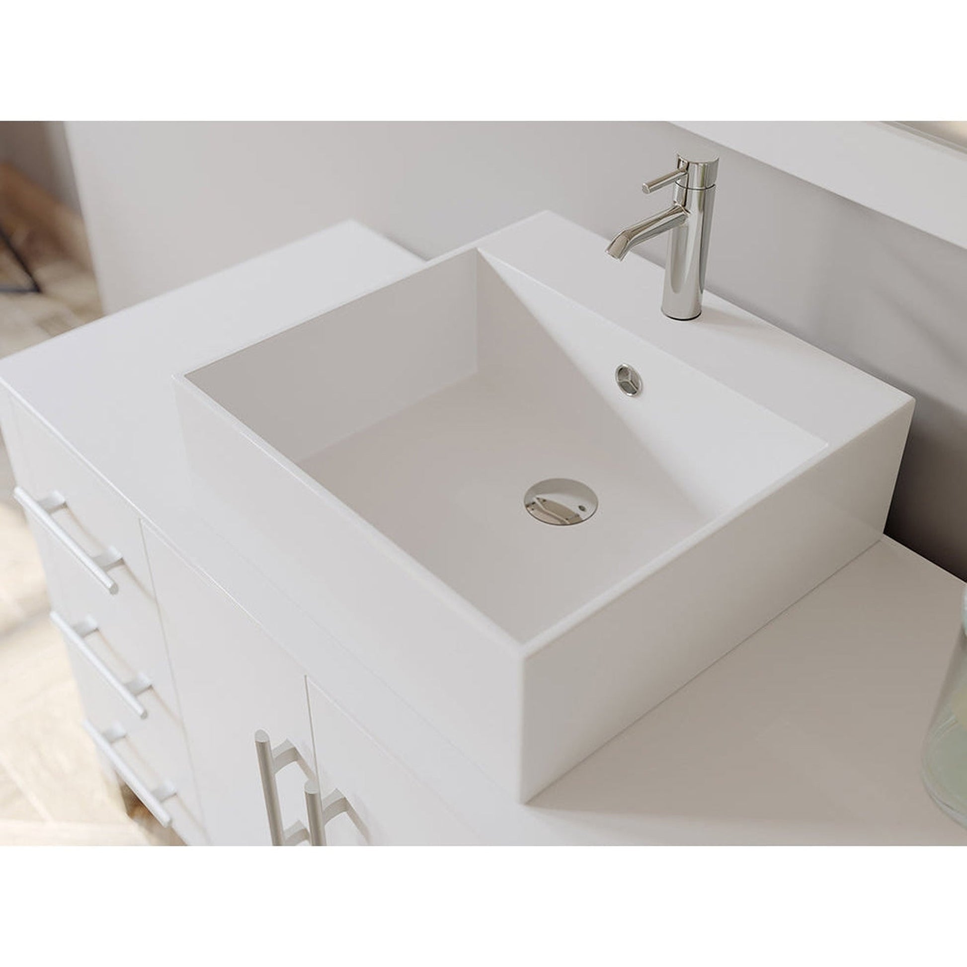 Cambridge Plumbing 48" White Wood Single Vanity Set With Porcelain Countertop And Square Vessel Sink With Faucet Hole And Polished Chrome Plumbing Finish