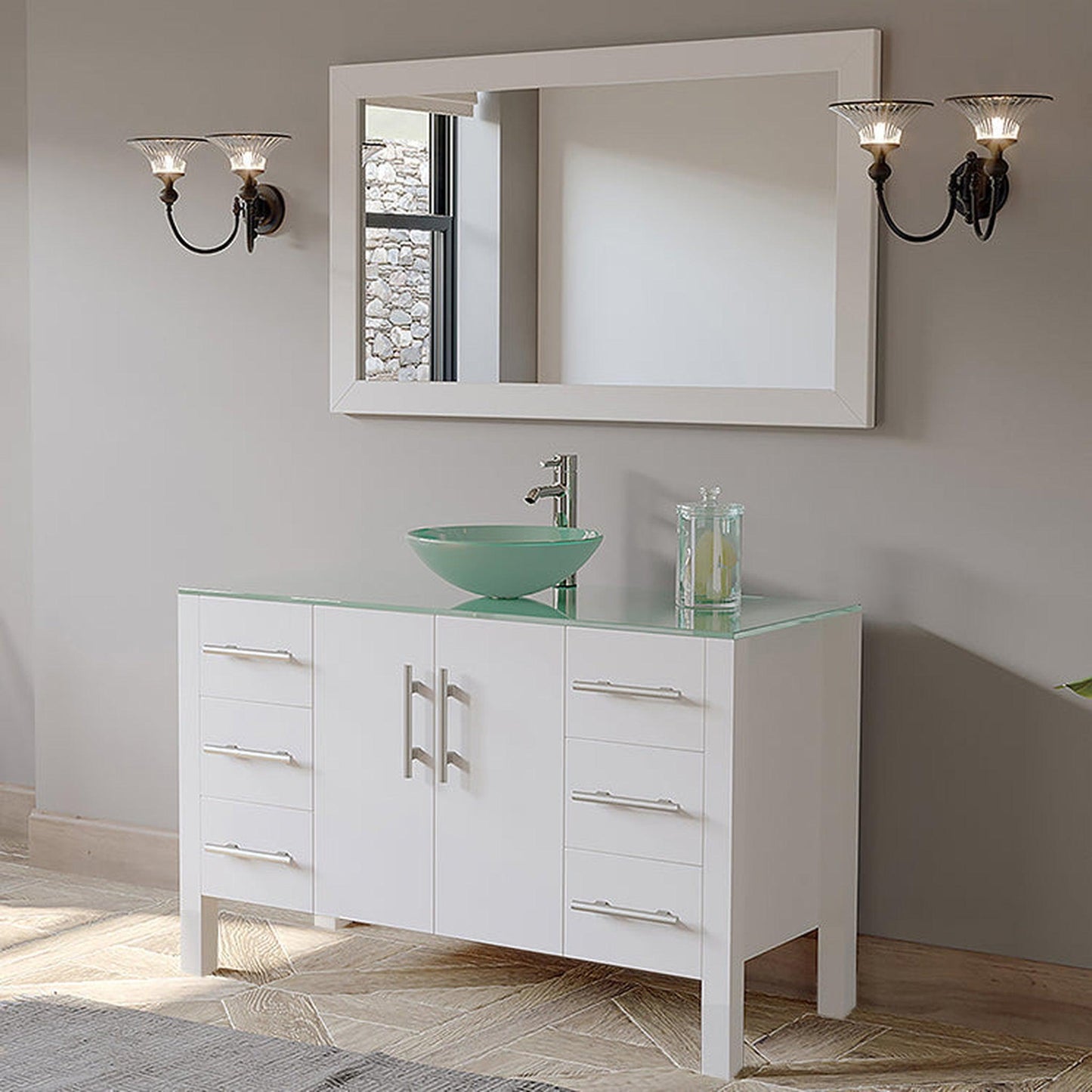 Cambridge Plumbing 48" White Wood Single Vanity Set With Tempered Glass Countertop And Circular Vessel Sink With Polished Chrome Plumbing Finish