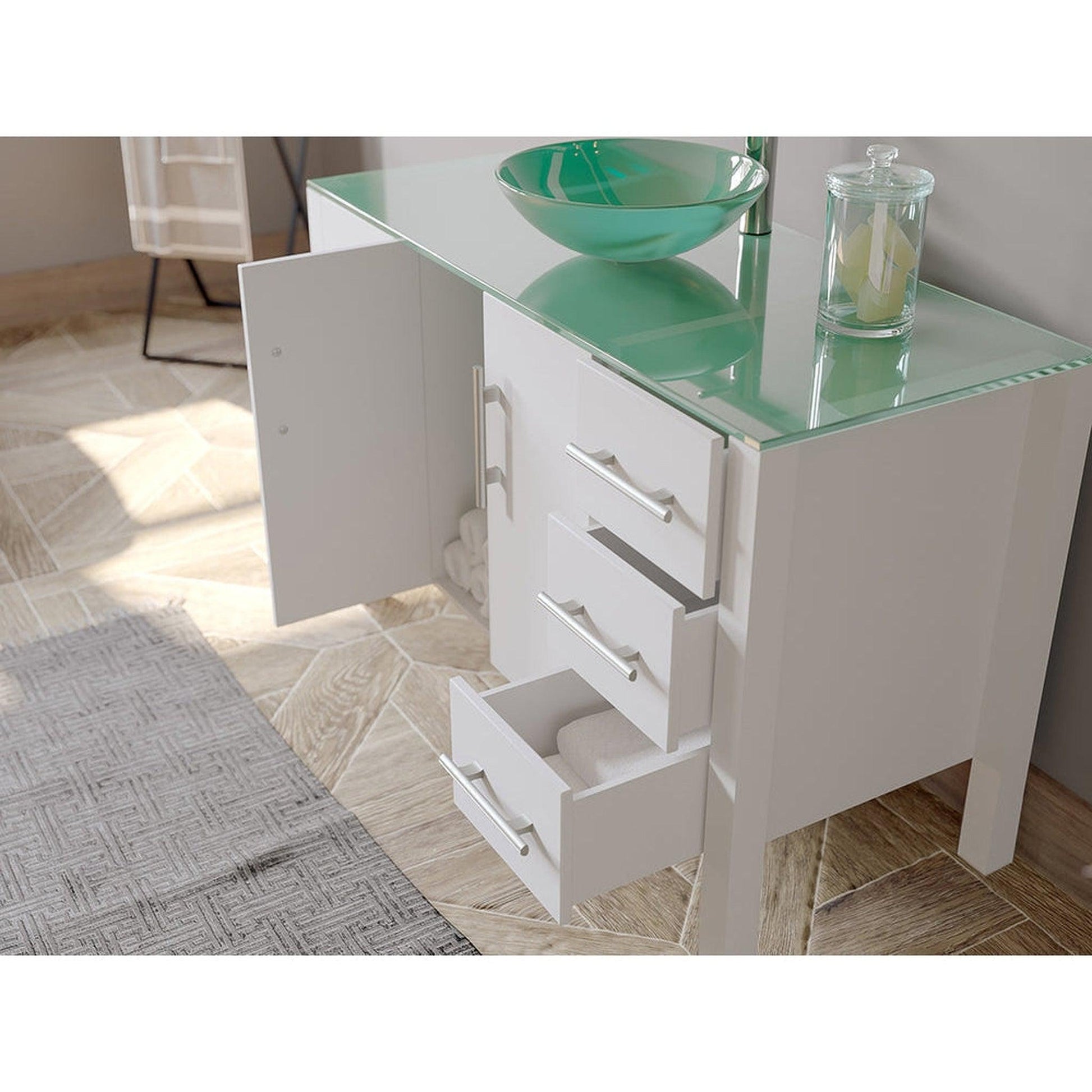 Cambridge Plumbing 48" White Wood Single Vanity Set With Tempered Glass Countertop And Circular Vessel Sink With Polished Chrome Plumbing Finish