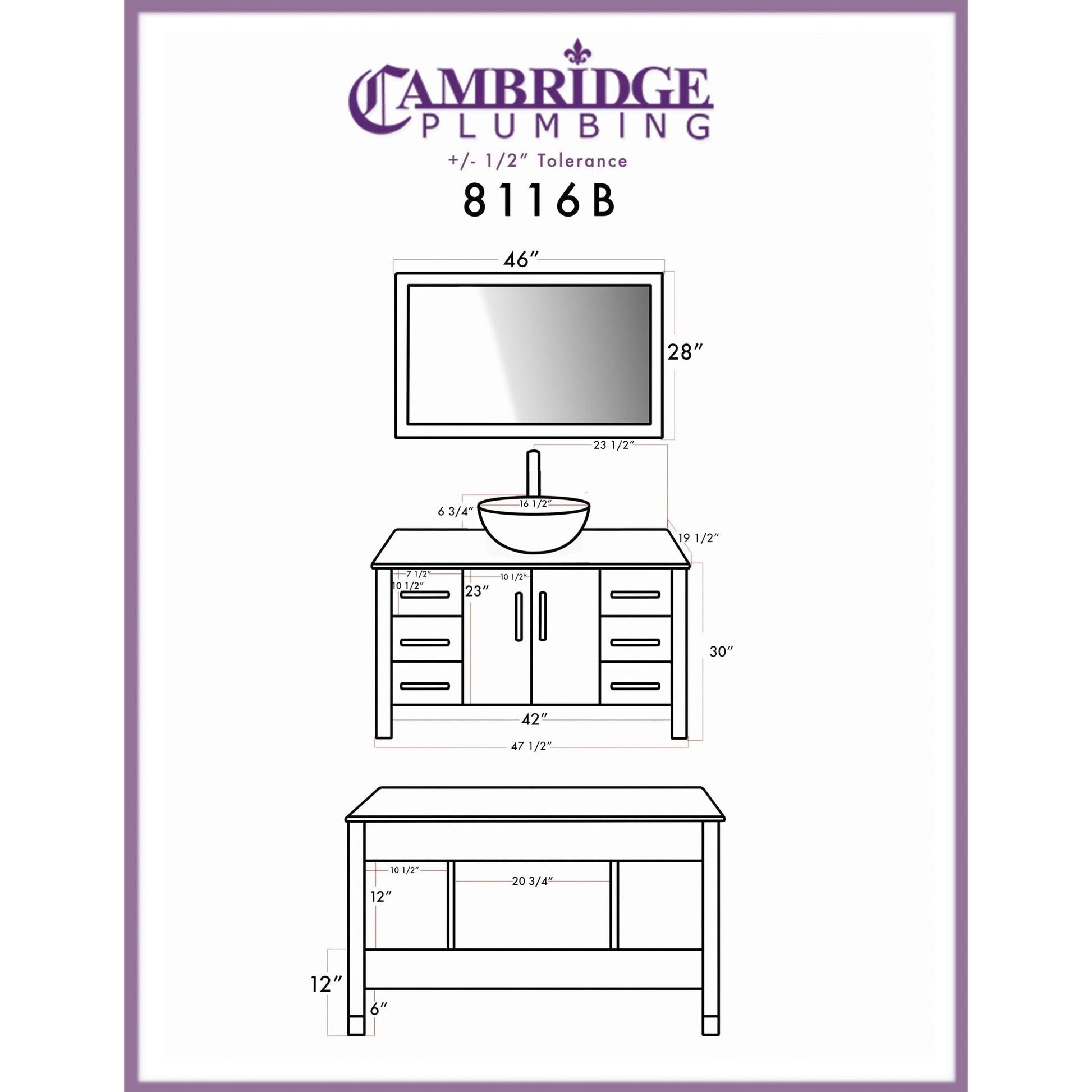 Cambridge Plumbing 48" White Wood Single Vanity Set With Tempered Glass Countertop And Circular Vessel Sink With Polished Chrome Plumbing Finish