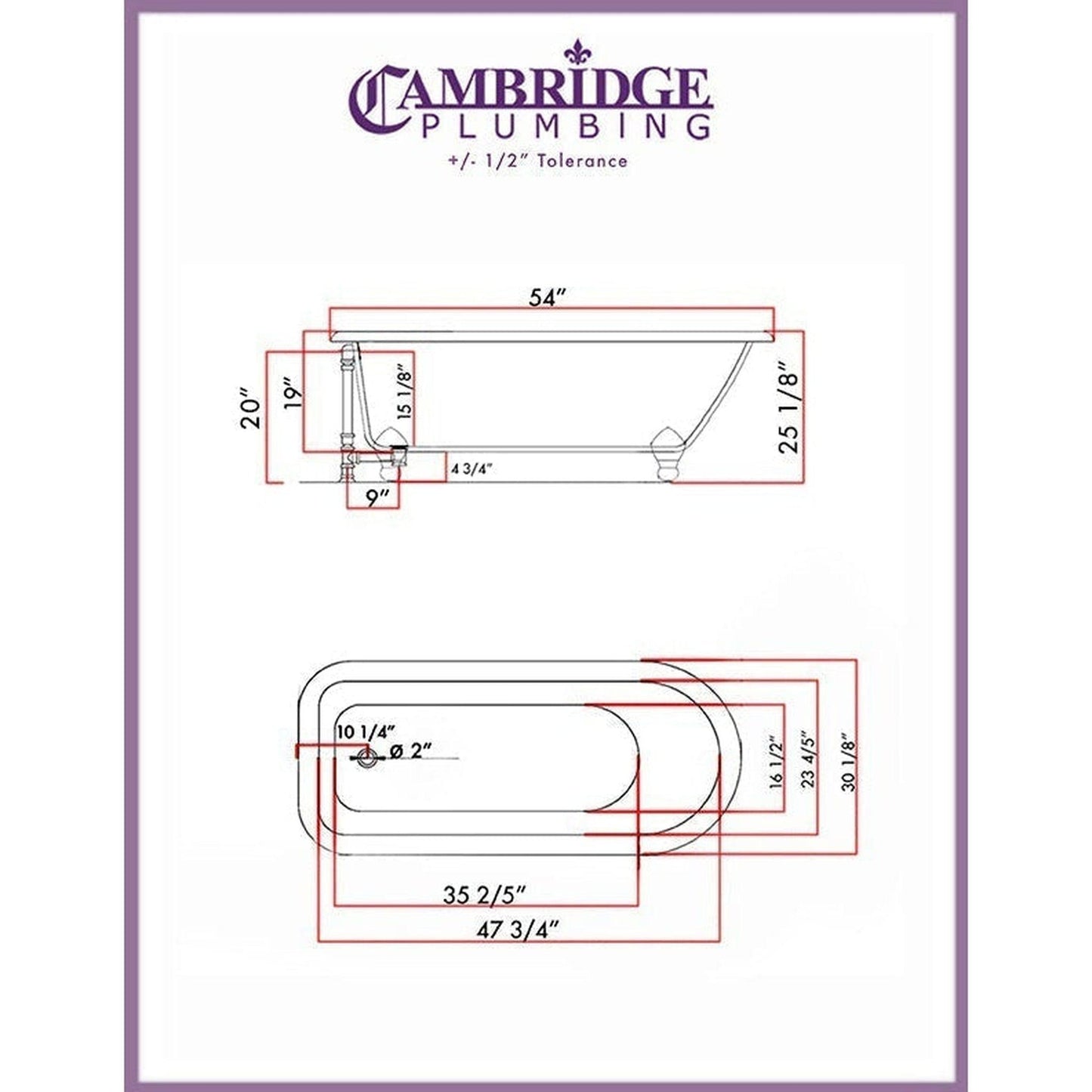 Cambridge Plumbing 54" Cast Iron Rolled Rim Hand Painted Copper Bronze Clawfoot Bathtub With No Faucet Holes With Oil Rubbed Bronze Feet