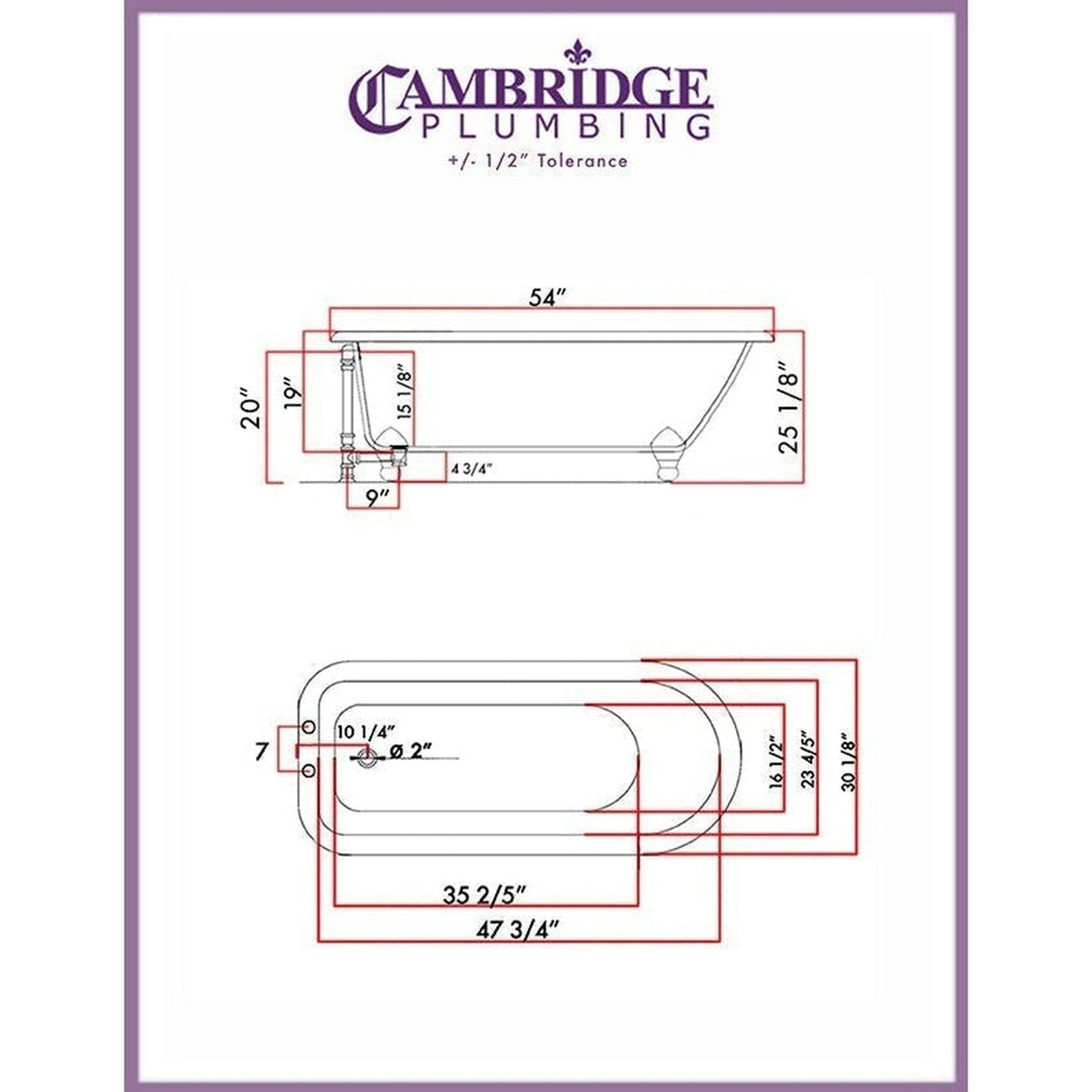 Cambridge Plumbing 54" Hand Painted Copper Bronze Cast Iron Rolled Rim Clawfoot Bathtub With Deck Holes With Oil Rubbed Bronze Feet