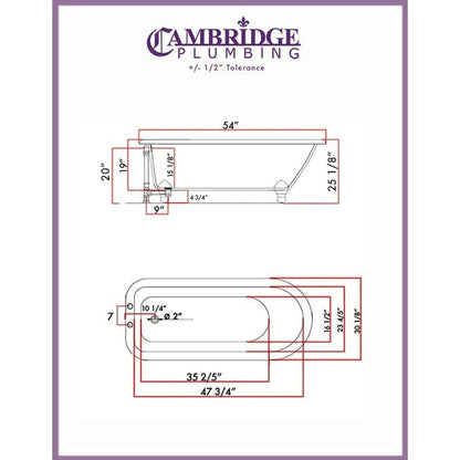 Cambridge Plumbing 54" Hand Painted Copper Bronze Cast Iron Rolled Rim Clawfoot Bathtub With Deck Holes With Oil Rubbed Bronze Feet