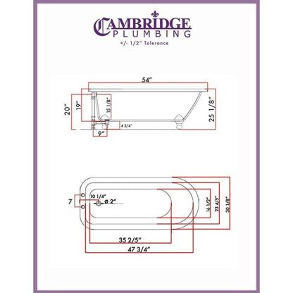 Cambridge Plumbing 54" White Cast Iron Rolled Rim Clawfoot Bathtub With Deck Holes With Oil Rubbed Bronze Feet