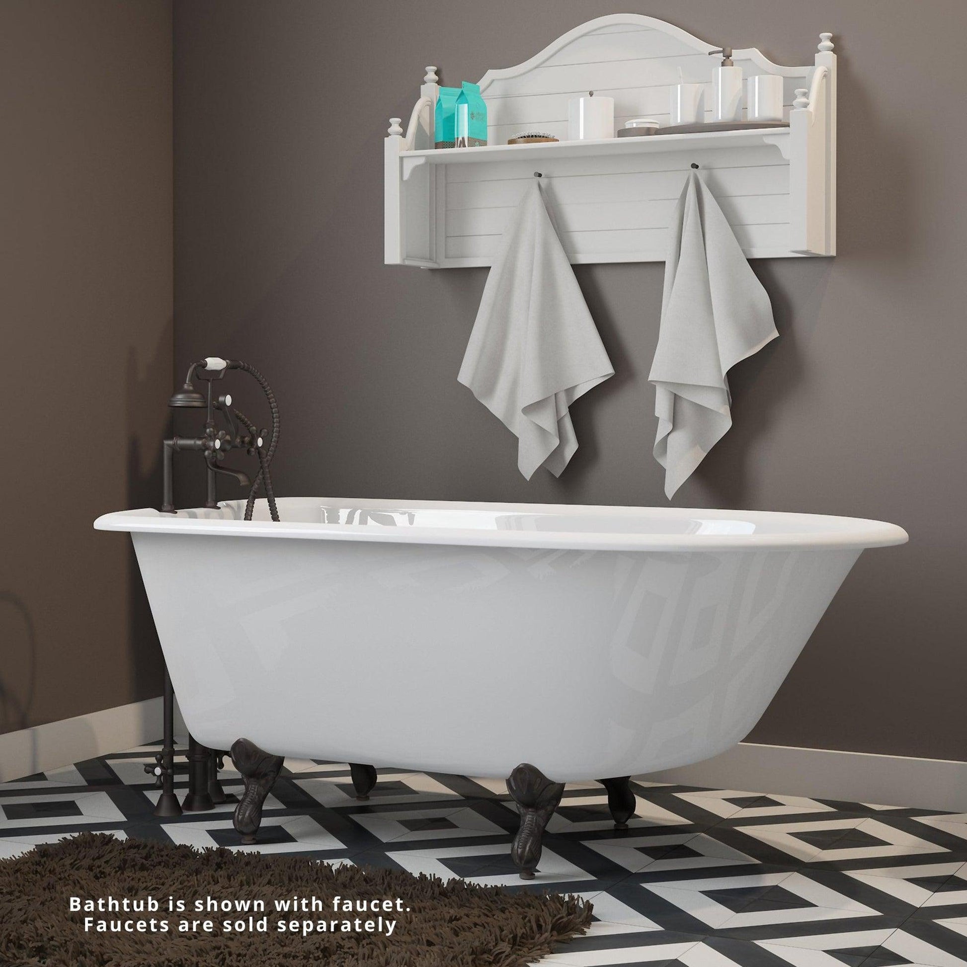 Cambridge Plumbing 54" White Cast Iron Rolled Rim Clawfoot Bathtub With Deck Holes With Oil Rubbed Bronze Feet