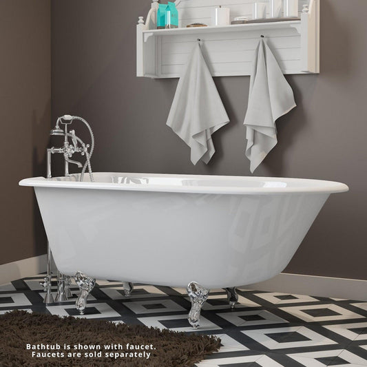 Cambridge Plumbing 54" White Cast Iron Rolled Rim Clawfoot Bathtub With Deck Holes With Polished Chrome Feet