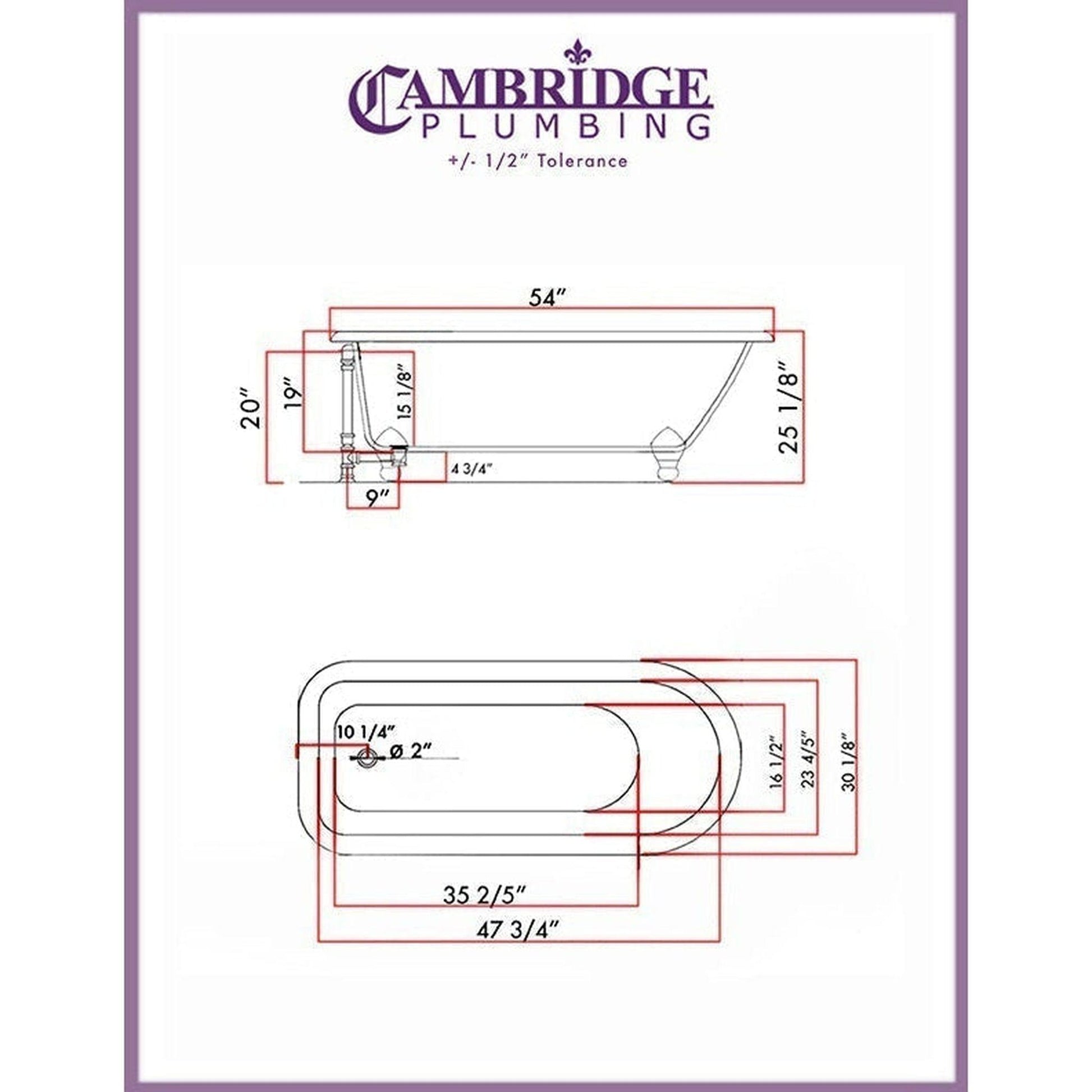 Cambridge Plumbing 54" White Cast Iron Rolled Rim Clawfoot Bathtub With No Faucet Holes With Brushed Nickel Feet