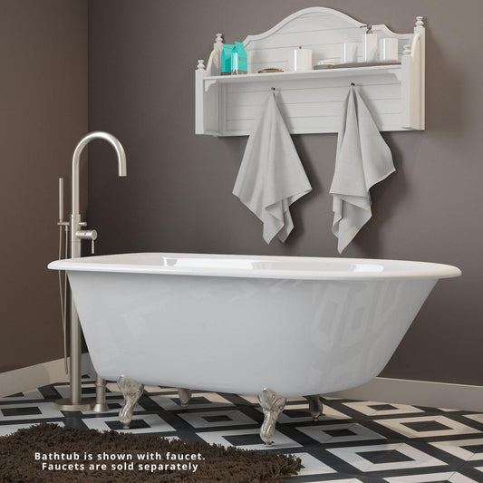 Cambridge Plumbing 54" White Cast Iron Rolled Rim Clawfoot Bathtub With No Faucet Holes With Brushed Nickel Feet