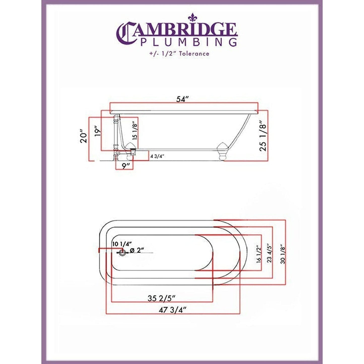 Cambridge Plumbing 54" White Cast Iron Rolled Rim Clawfoot Bathtub With No Faucet Holes With Polished Chrome Feet