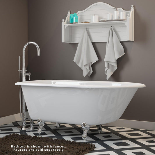 Cambridge Plumbing 54" White Cast Iron Rolled Rim Clawfoot Bathtub With No Faucet Holes With Polished Chrome Feet