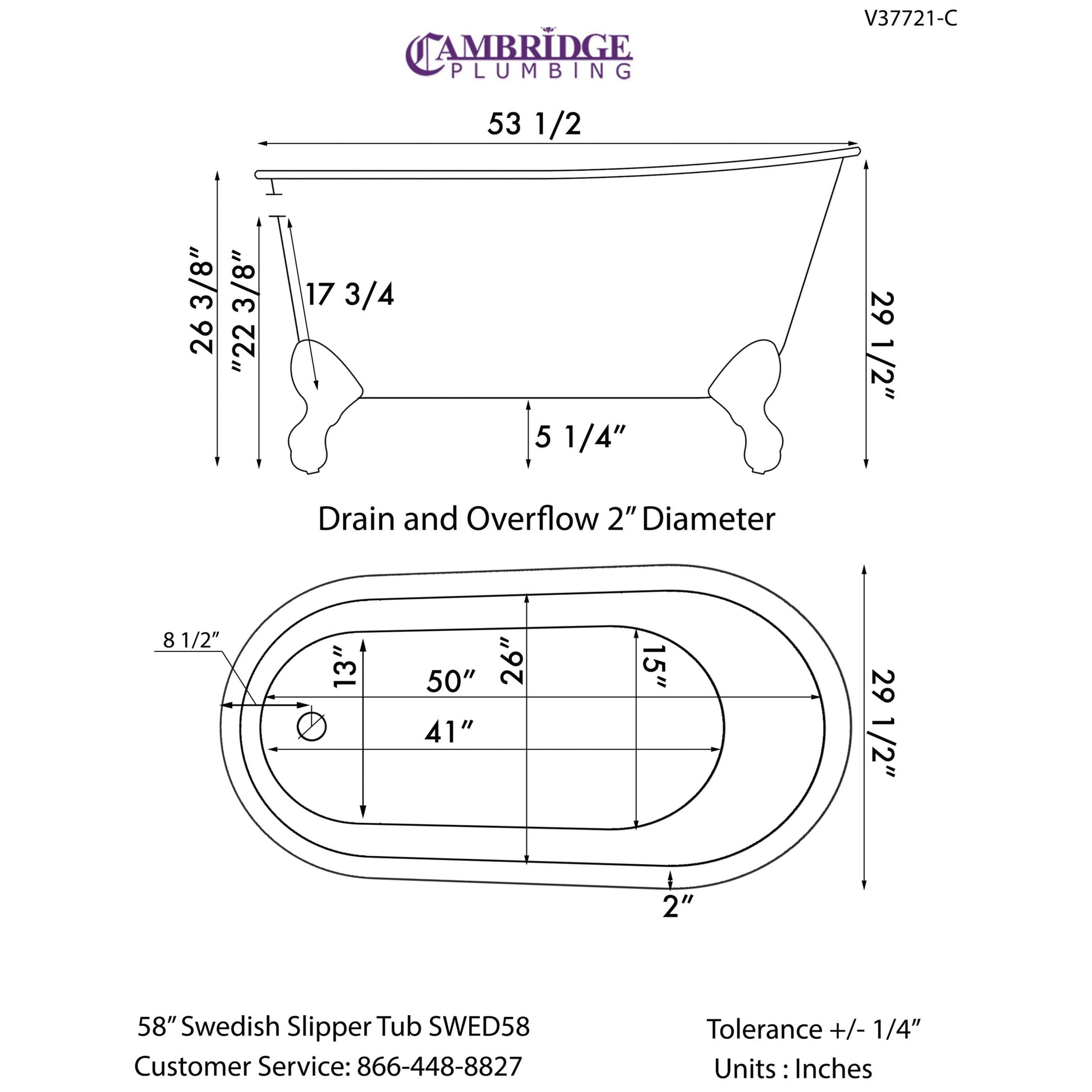 Cambridge Plumbing 54" White Cast Iron Swedish Single Slipper Clawfoot Bathtub With No Deck Holes With Polished Chrome Feet