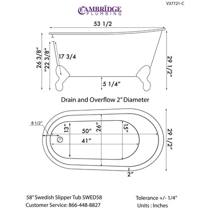 Cambridge Plumbing 54" White Cast Iron Swedish Single Slipper Clawfoot Bathtub With No Deck Holes With Polished Chrome Feet