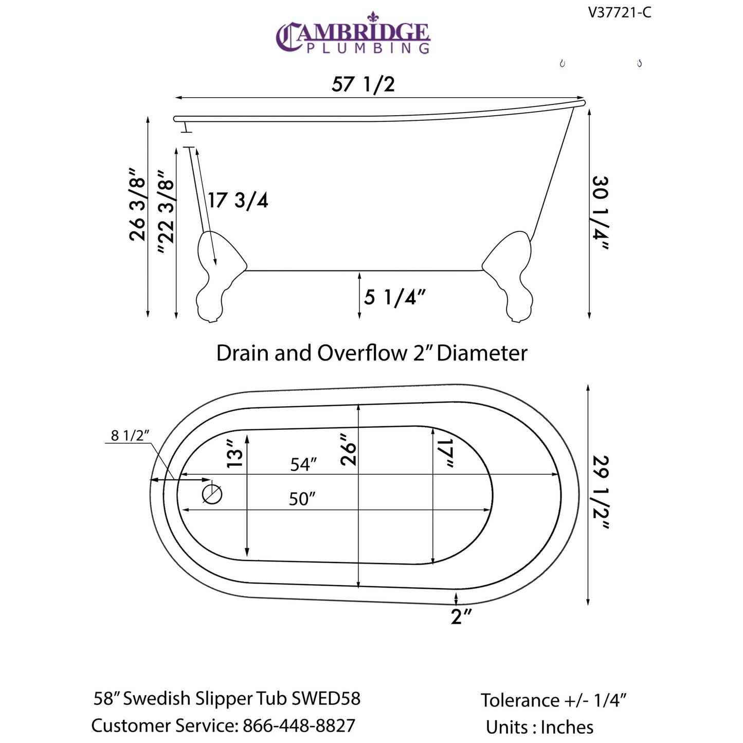 Cambridge Plumbing 58" White Cast Iron Swedish Single Slipper Clawfoot Bathtub With No Deck Holes With Brushed Nickel Feet