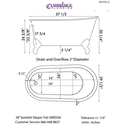 Cambridge Plumbing 58" White Cast Iron Swedish Single Slipper Clawfoot Bathtub With No Deck Holes With Polished Chrome Feet