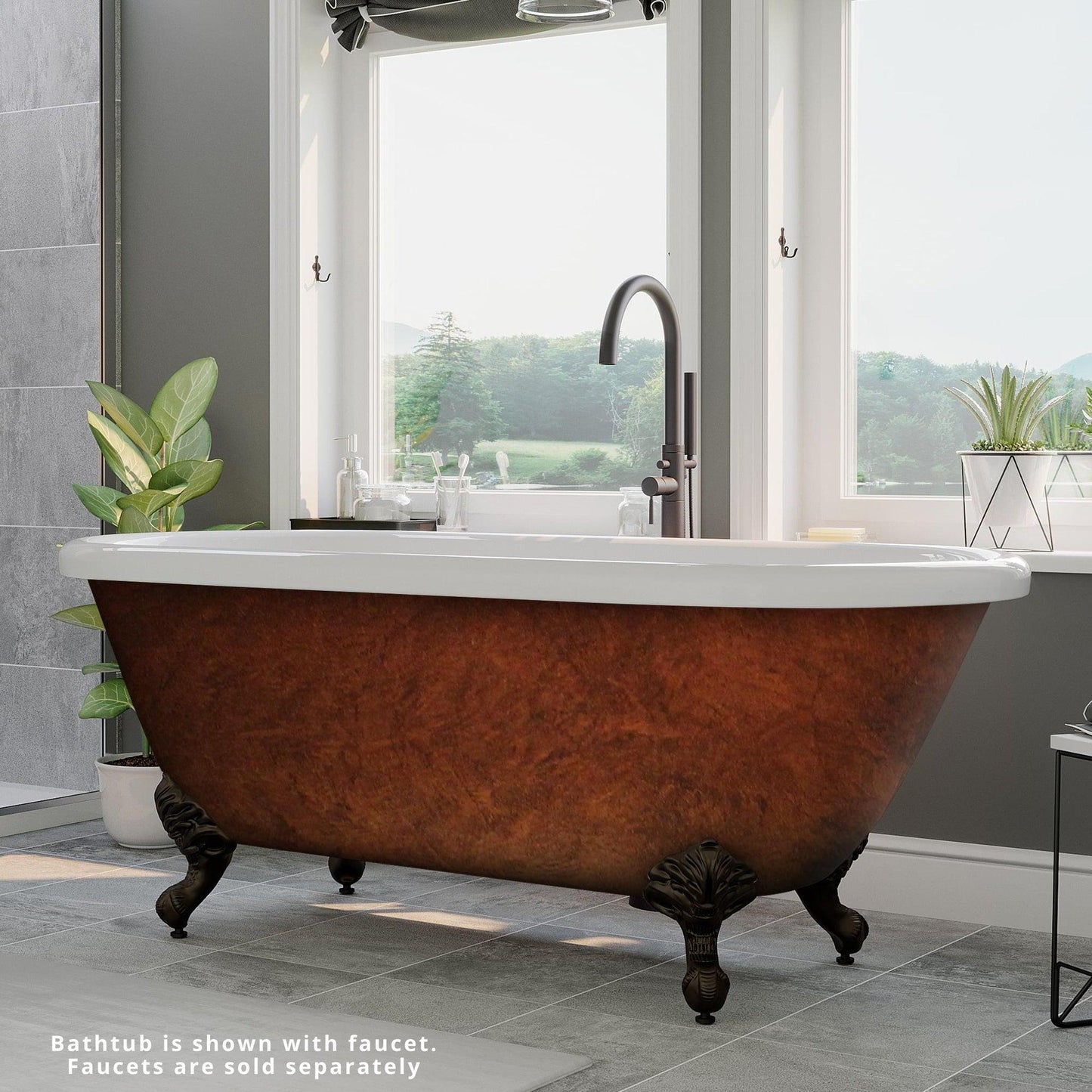 Cambridge Plumbing 60" Hand Painted Copper Bronze Acrylic Double Ended Clawfoot Bathtub With No Faucet Holes With Oil Rubbed Bronze Clawfeet
