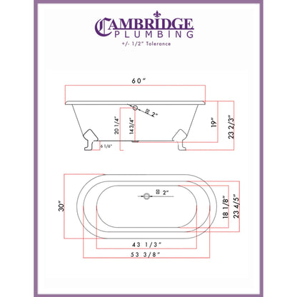 Cambridge Plumbing 60" Hand Painted Copper Bronze Cast Iron Double Ended Copper Bronze Bathtub With No Faucet Holes With Oil Rubbed Bronze Feet