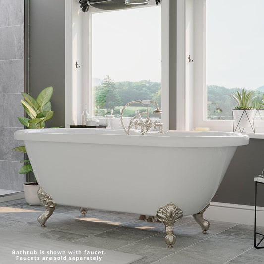 Cambridge Plumbing 60" White Acrylic Double Ended Brushed Nickel Clawfoot Tub With Deck Holes