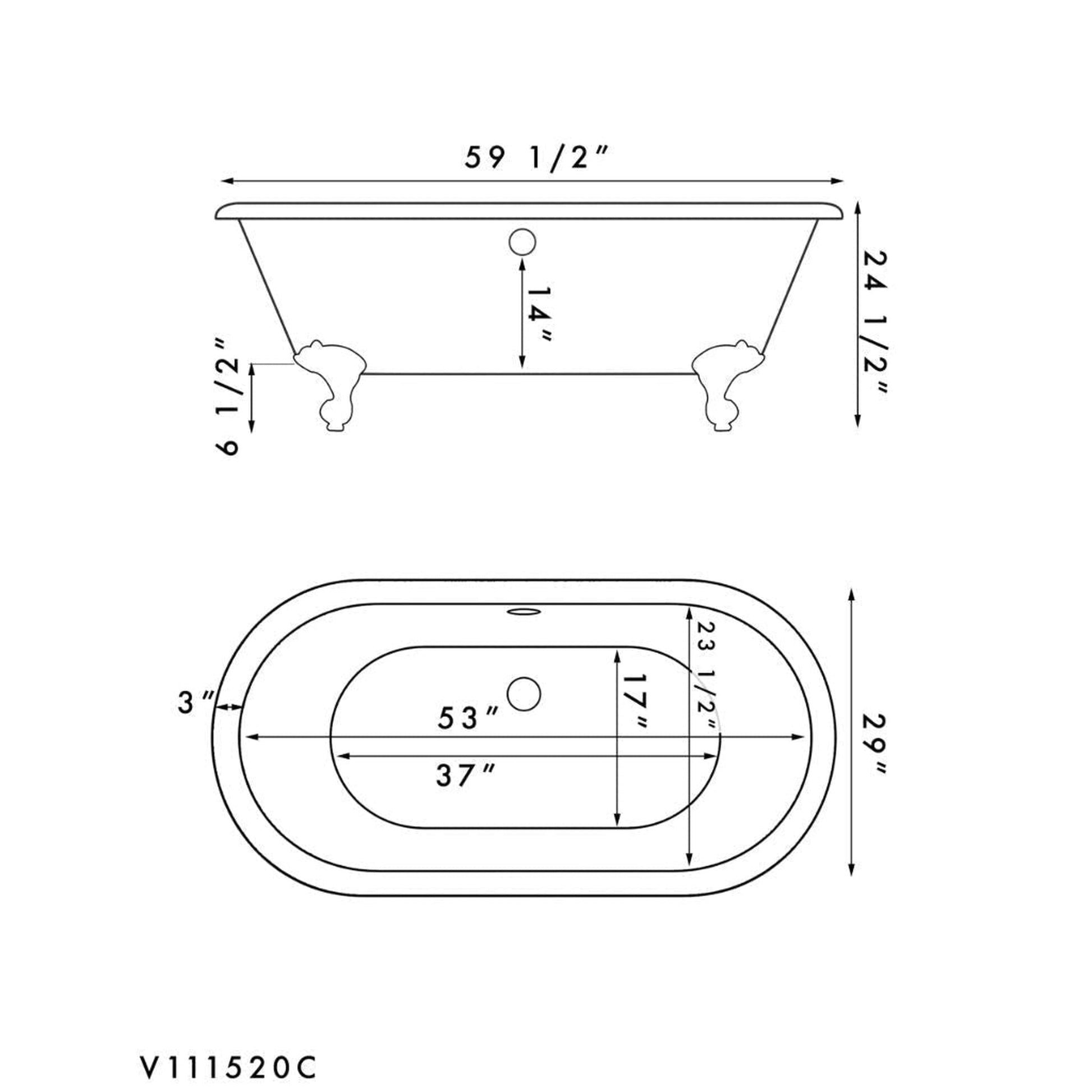 Cambridge Plumbing 60" White Acrylic Double Ended Clawfoot Bathtub With No Faucet Holes With Brushed Nickel Clawfeet