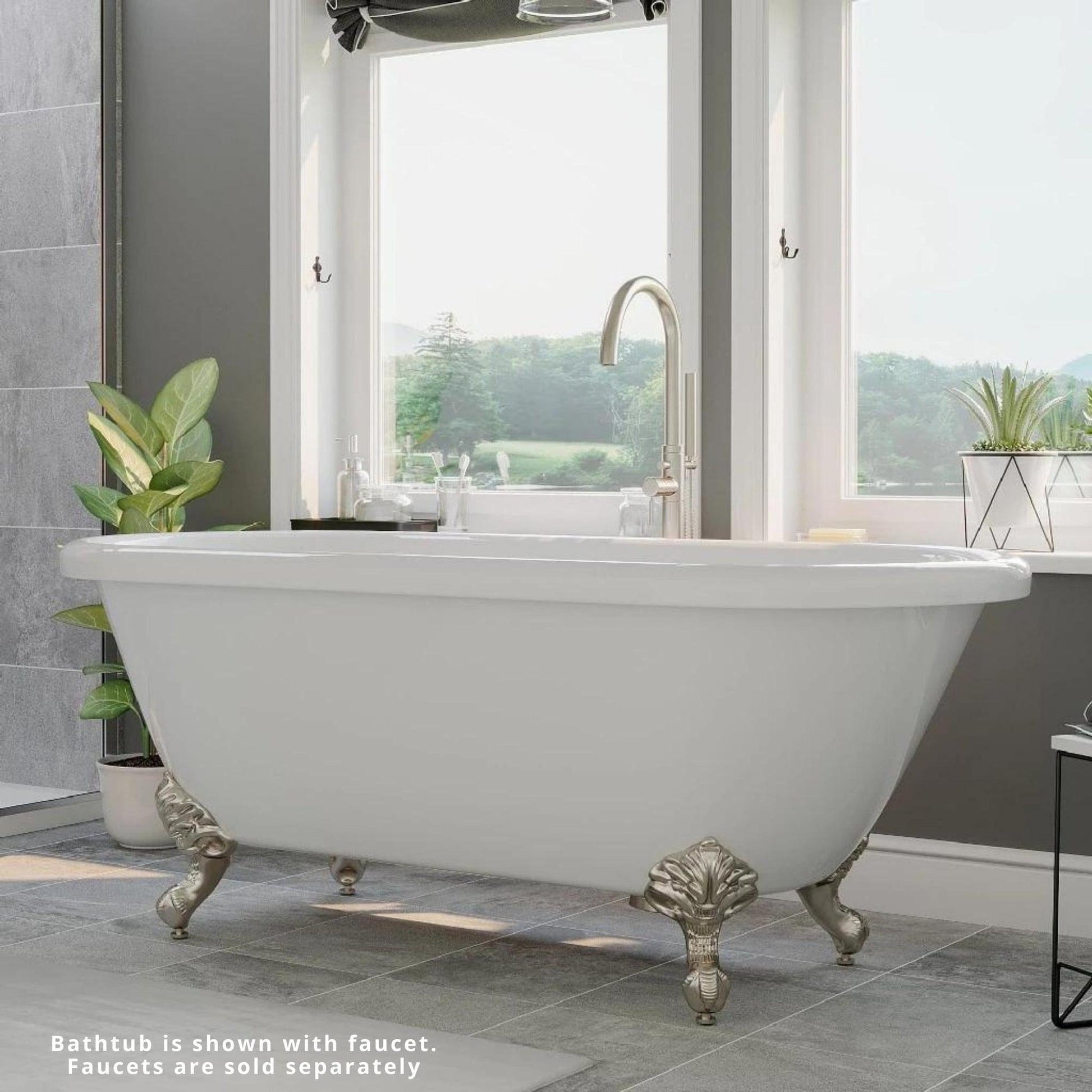 Cambridge Plumbing 60" White Acrylic Double Ended Clawfoot Bathtub With No Faucet Holes With Brushed Nickel Clawfeet