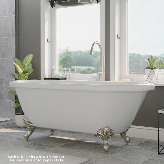 Cambridge Plumbing 60" White Acrylic Double Ended Clawfoot Bathtub With No Faucet Holes With Brushed Nickel Clawfeet