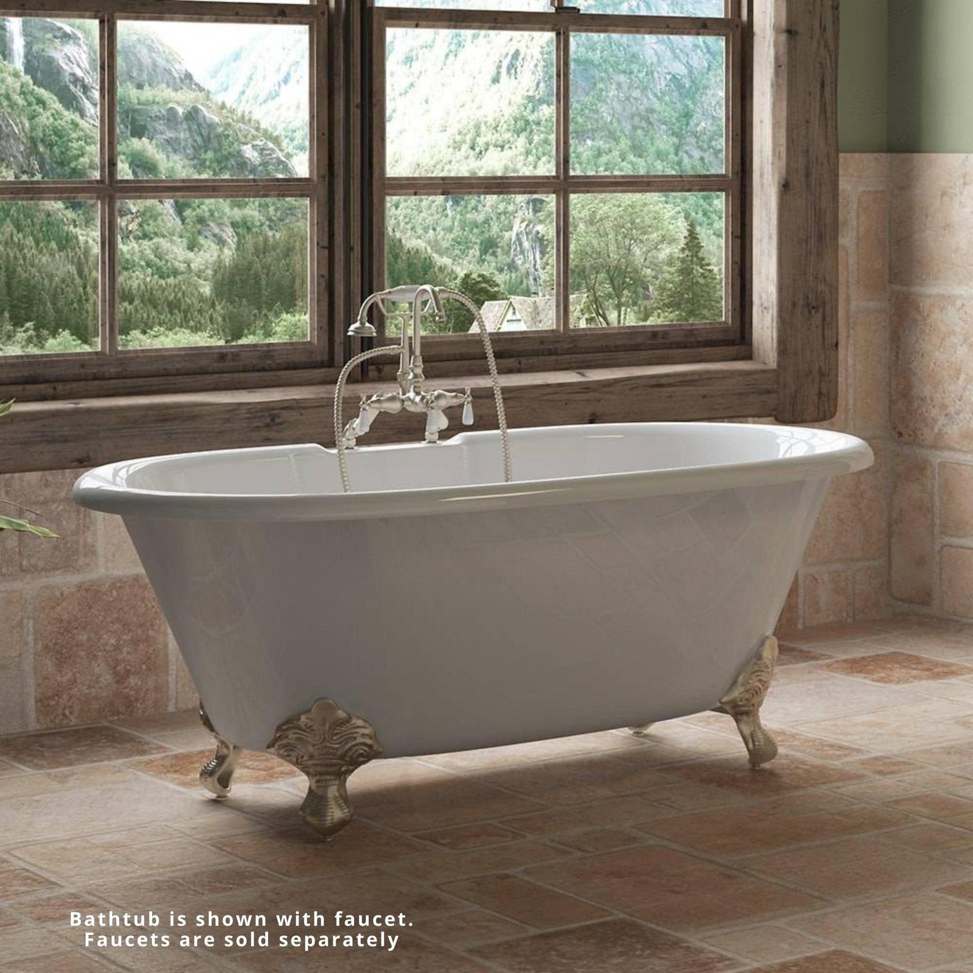 Cambridge Plumbing 60" White Cast Iron Double Ended Bathtub With Deck Holes With Brushed Nickel Feet
