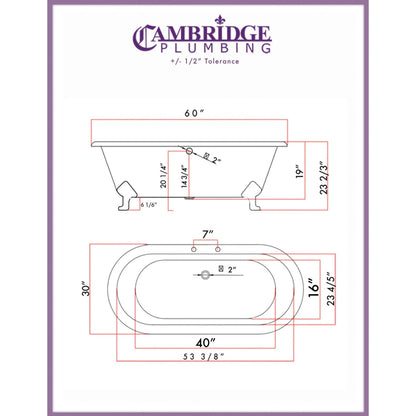Cambridge Plumbing 60" White Cast Iron Double Ended Bathtub With Deck Holes With Oil Rubbed Bronze Feet