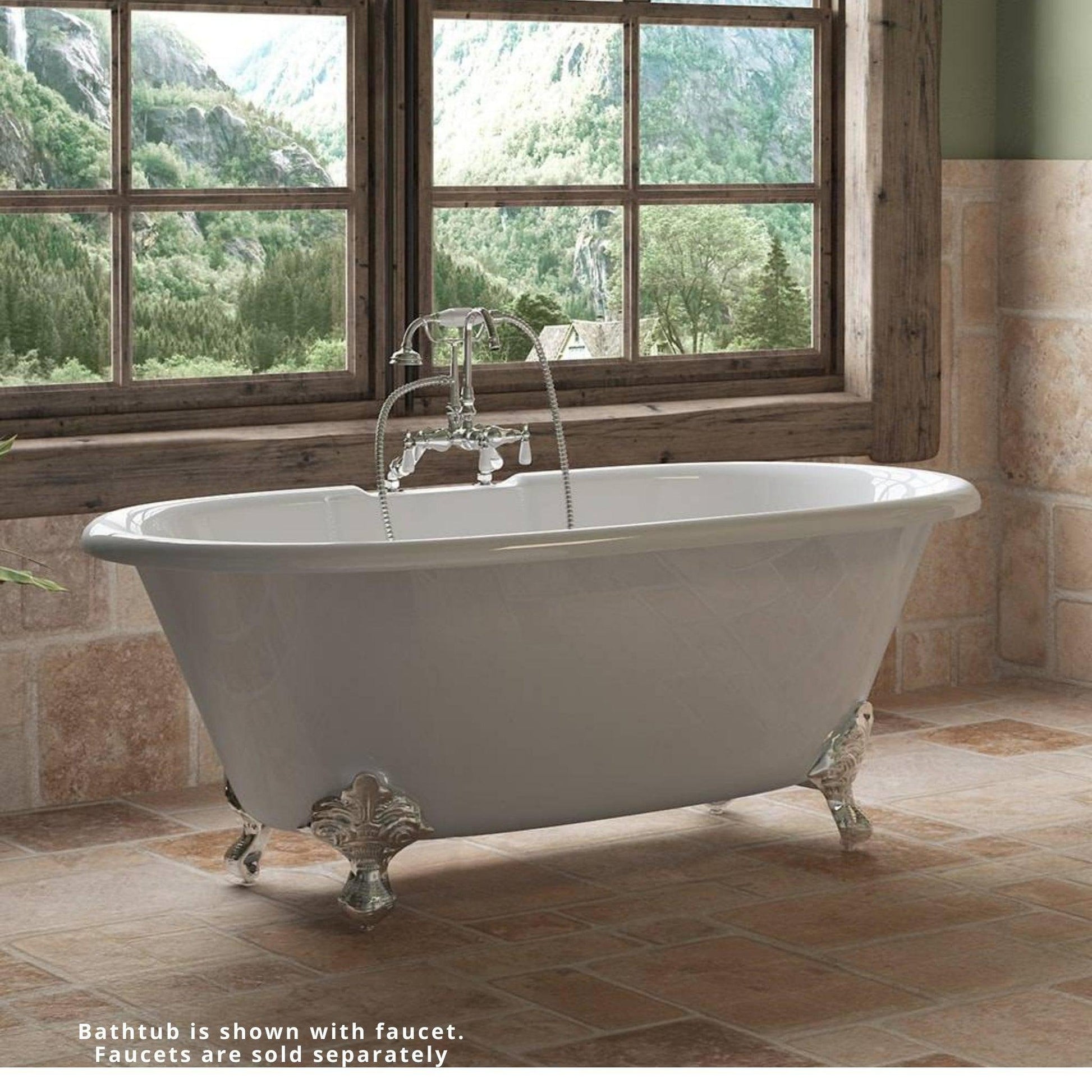 Cambridge Plumbing 60" White Cast Iron Double Ended Bathtub With Deck Holes With Polished Chrome Feet
