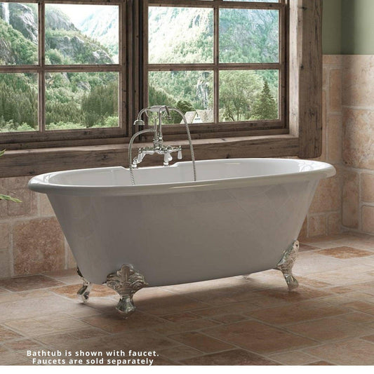 Cambridge Plumbing 60" White Cast Iron Double Ended Bathtub With Deck Holes With Polished Chrome Feet