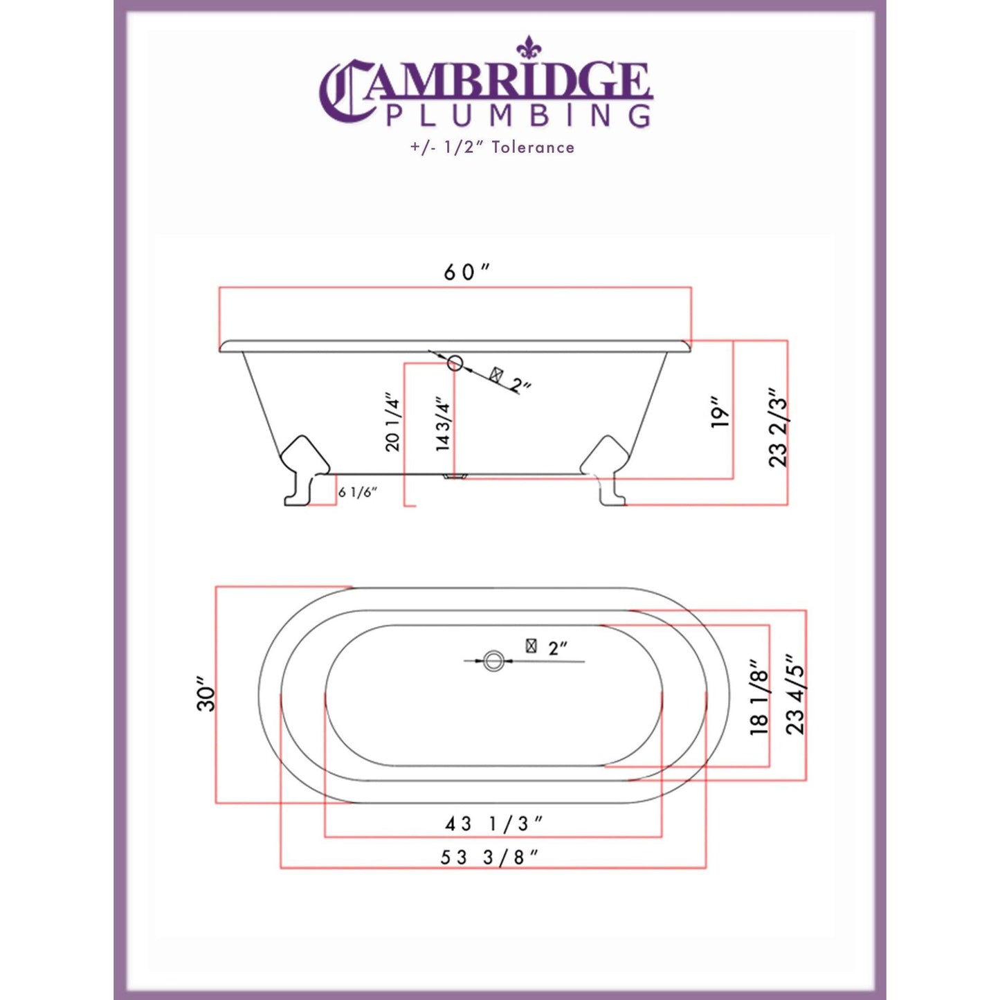 Cambridge Plumbing 60" White Cast Iron Double Ended Bathtub With No Faucet Holes With Brushed Nickel Feet