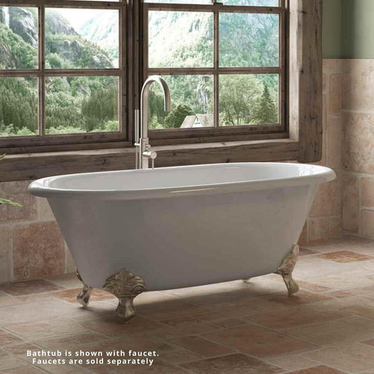 Cambridge Plumbing 60" White Cast Iron Double Ended Bathtub With No Faucet Holes With Brushed Nickel Feet