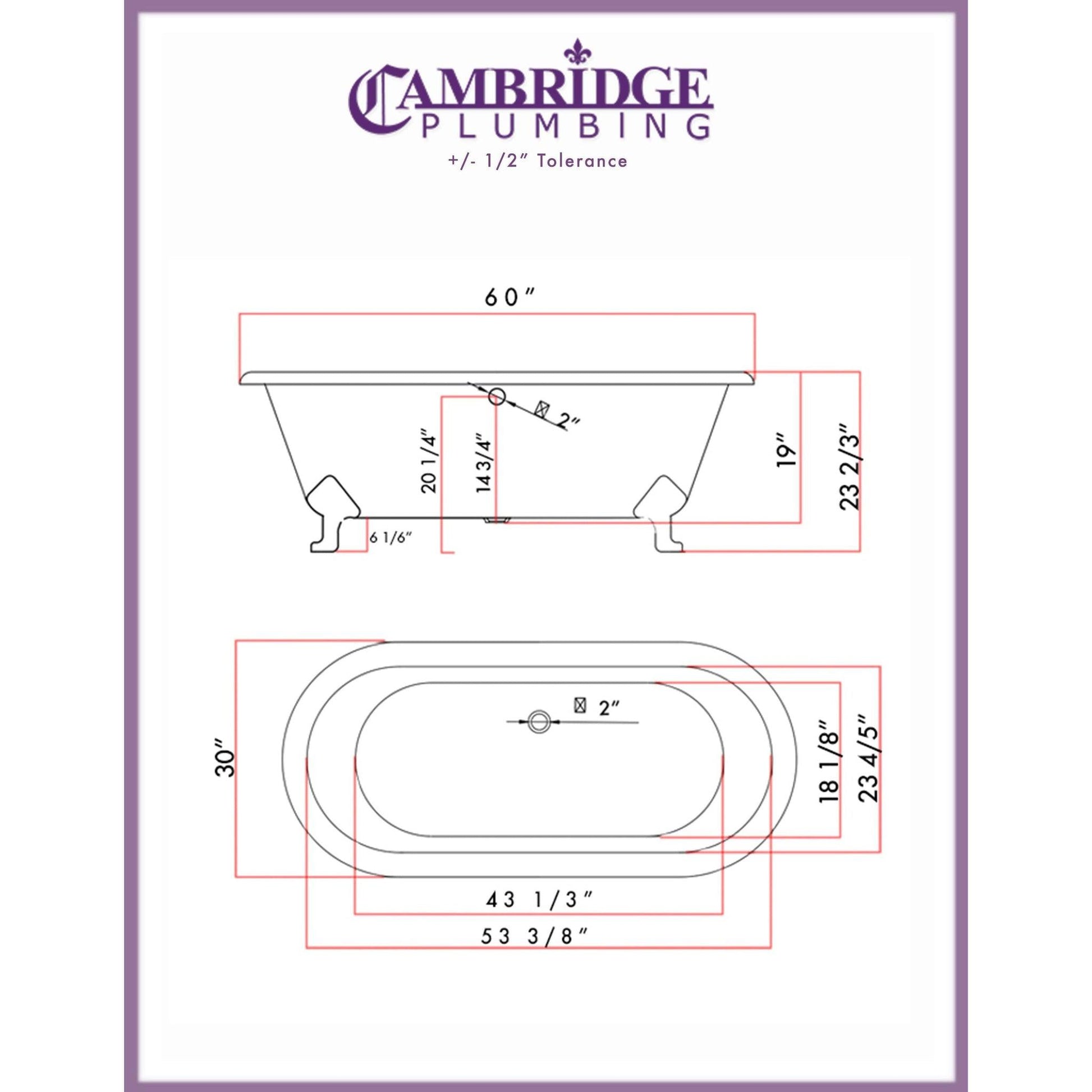 Cambridge Plumbing 60" White Cast Iron Double Ended Bathtub With No Faucet Holes With Polished Chrome Feet